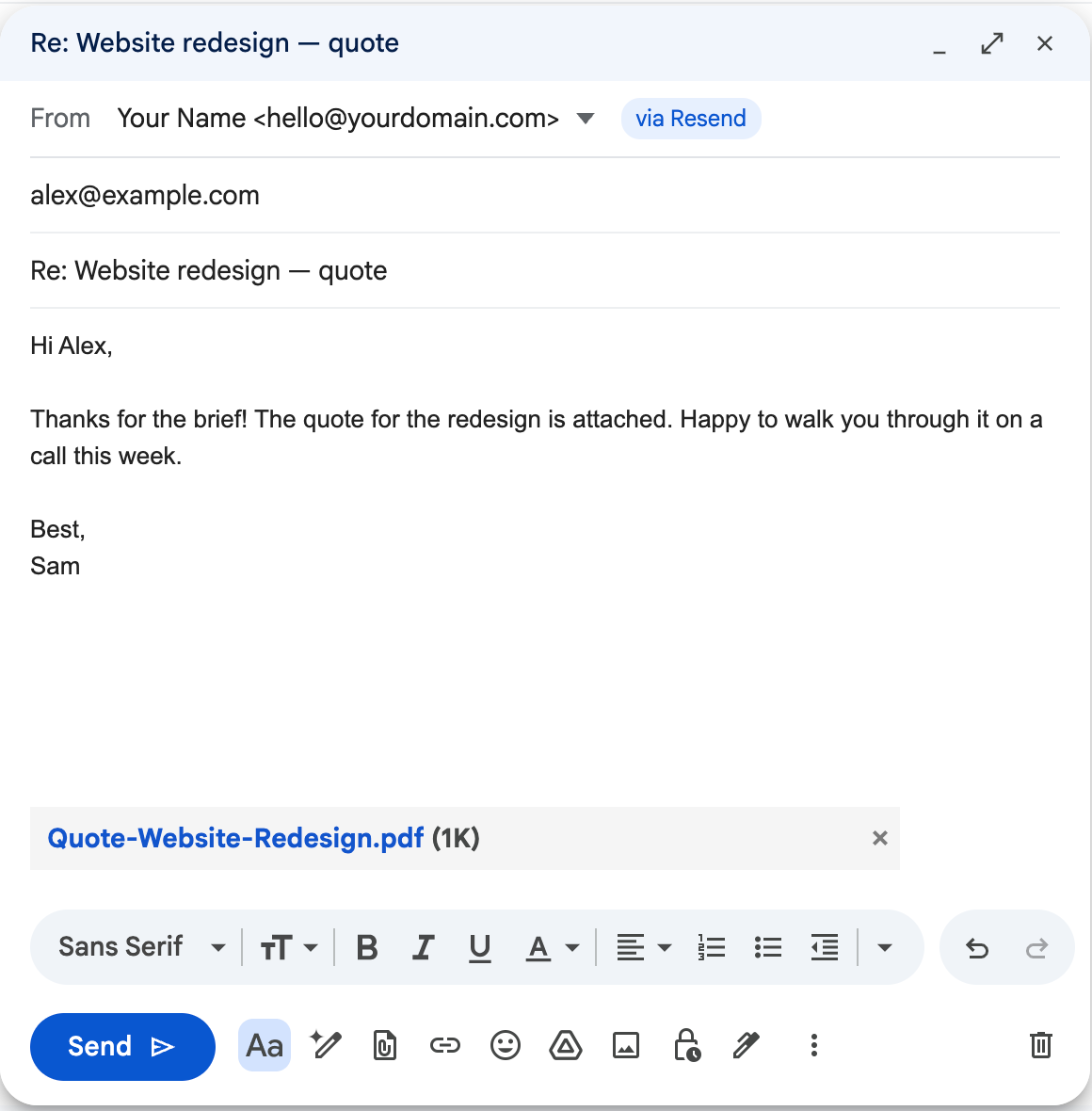 Gmail compose window with SendAs Bridge's From row showing Your Name <hello@yourdomain.com> via Resend