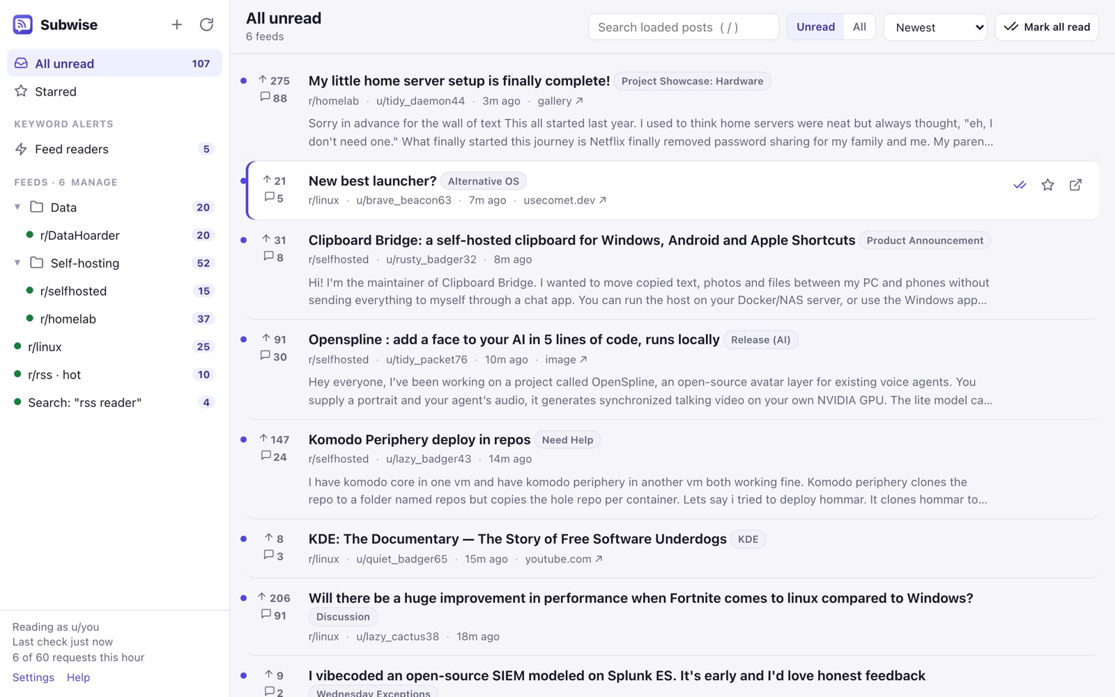 The Subwise reader showing unread posts from several subreddits, with folders and unread counts