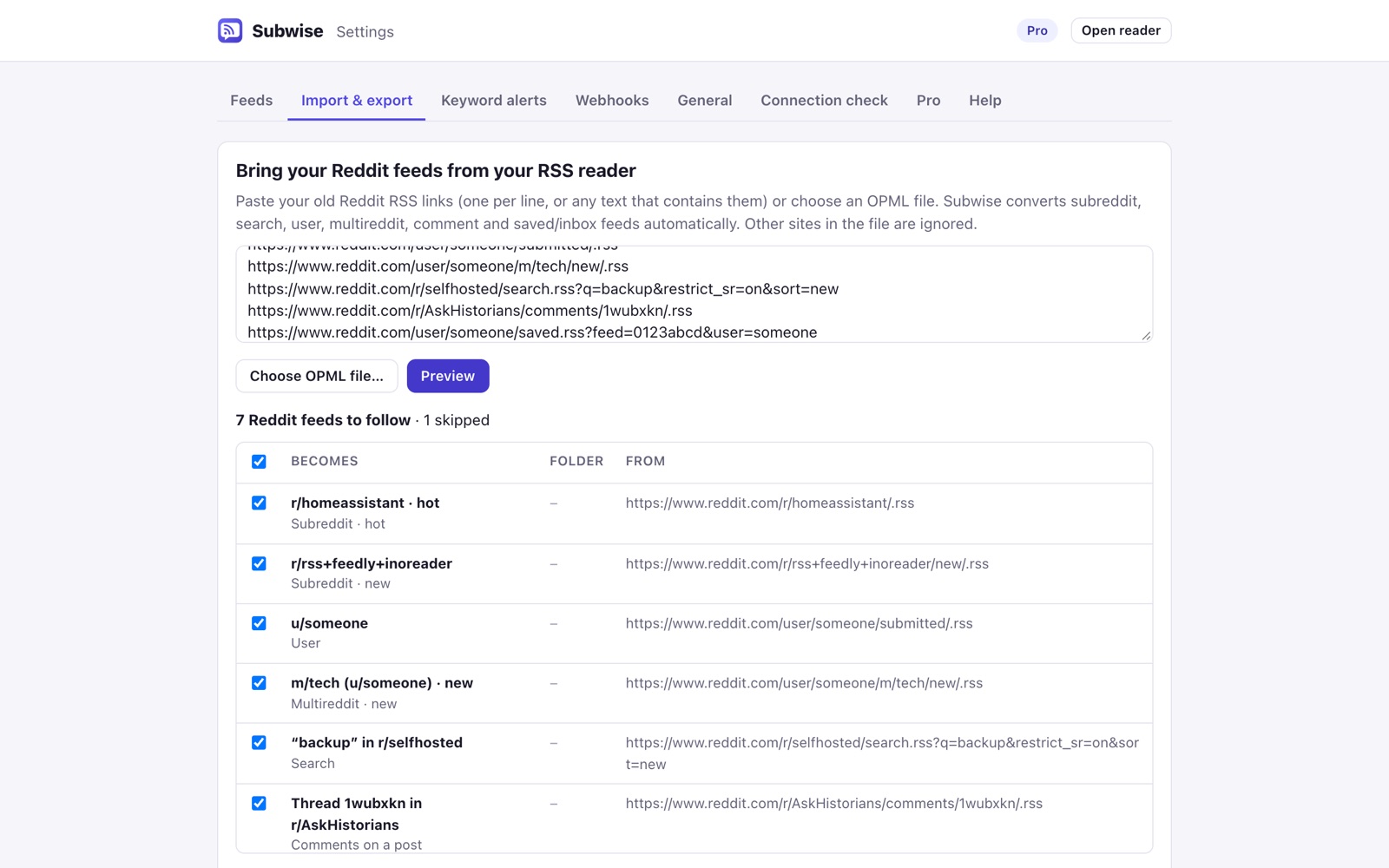 Import screen converting old Reddit RSS links into Subwise feeds