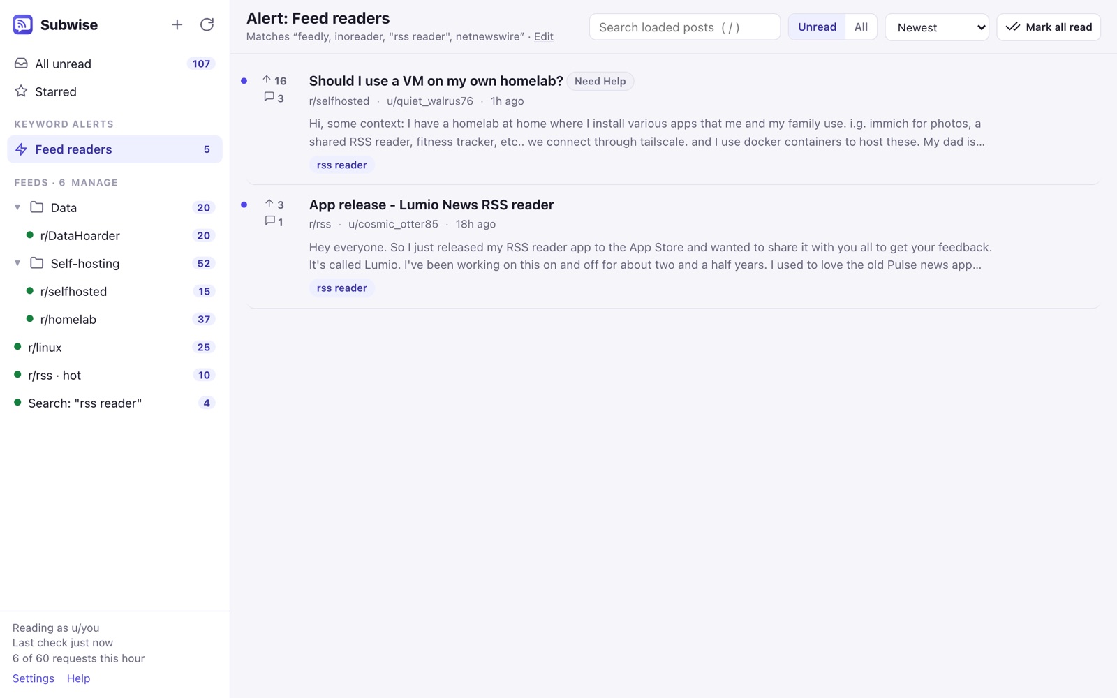 Keyword alert matches in the Subwise reader